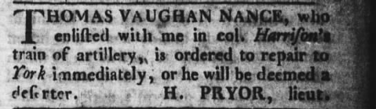 {Thomas Vaughn Nance
            Purdie's Virginia Gazette Williamsburg, Virginia 01 Aug
            1777, Fri  Page 1}